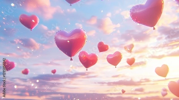 Fototapeta Colorful Heart-Shaped Balloons Floating in a Dreamy Sky at Sunset