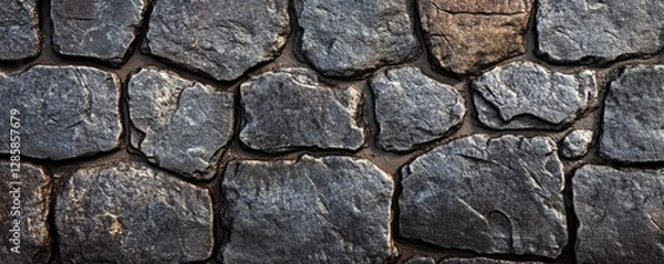 Fototapeta A close-up of a stone wall surface, rich in dark, earthy tones.