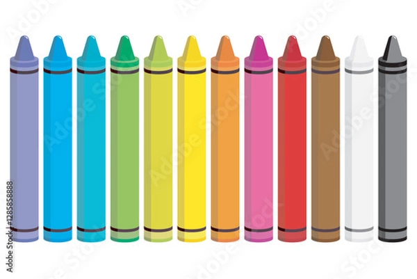 Obraz Vector illustration of a set of colorful crayons arranged in a row, isolated on a white background