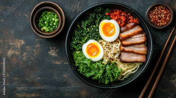 Obraz Menu of kale, Delicious ramen bowl with soft-boiled eggs, pork, and vegetables on a rustic table.