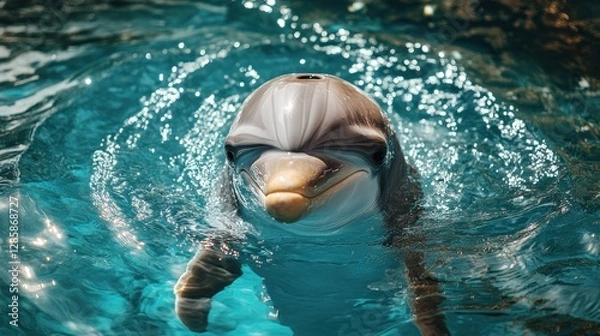 Obraz Playful dolphin surfacing in aquarium tank with splashing water