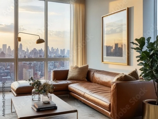 Fototapeta A brown leather couch is in a living room with a view of the city