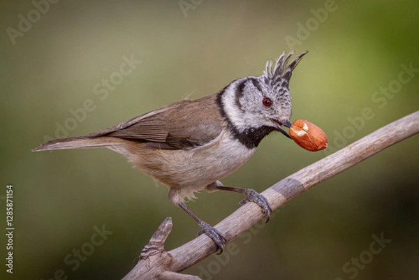 Fototapeta Crested Tit perched on a pine branch with a peanut in its beak