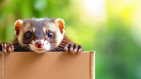 Obraz Charming ferret peeking over cardboard box, playful and curious