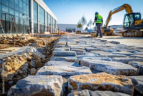 Fototapeta Workers are installing stone pavement at a building site during daylight. Equipment is visible, and the area is under construction with scattered materials and tools present