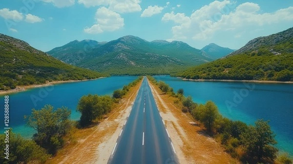 Fototapeta Scenic Mountain Road Leading Through Turquoise Lake. Aerial View