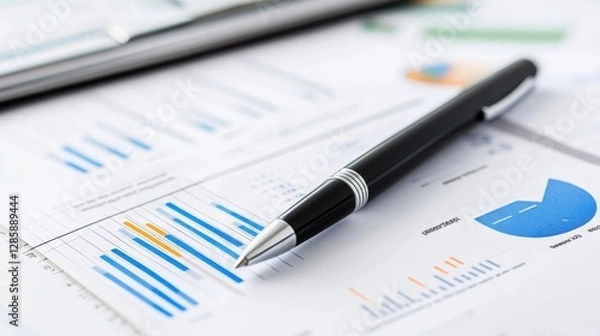 Fototapeta Business Report with Charts and Graphs on Desk with Black Pen, Showing Data Analysis and Financial Overview