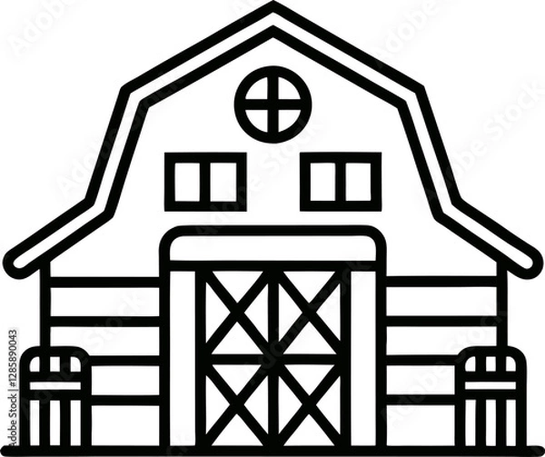 Fototapeta "Farmer's Barn Editable Stroke Outline Icon" represents elements like a barn, hay bales, and farming tools, all designed with editable stroke outlines. This icon is used for agricultural, farming, 
