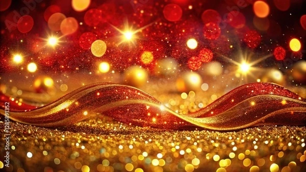 Fototapeta Red and gold, dazzling, sparkling Christmas wave design.