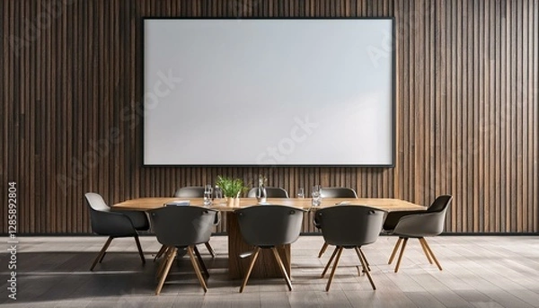 Fototapeta Gray and wooden meeting room with poster