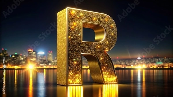 Fototapeta Sparkling gold 3D letter R, panoramic view, glitter.