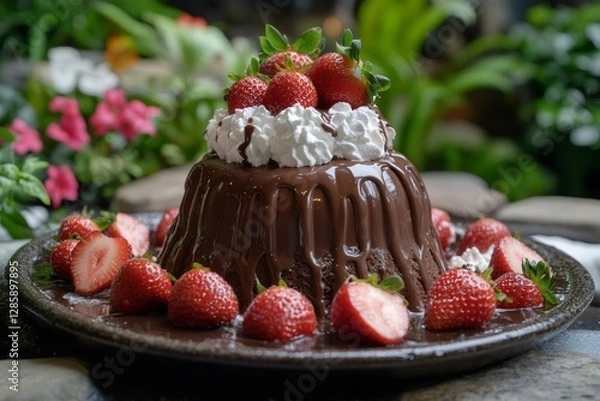 Fototapeta Chocolate volcano cake is decorated with fresh strawberries and whipped cream, creating a tempting dessert
