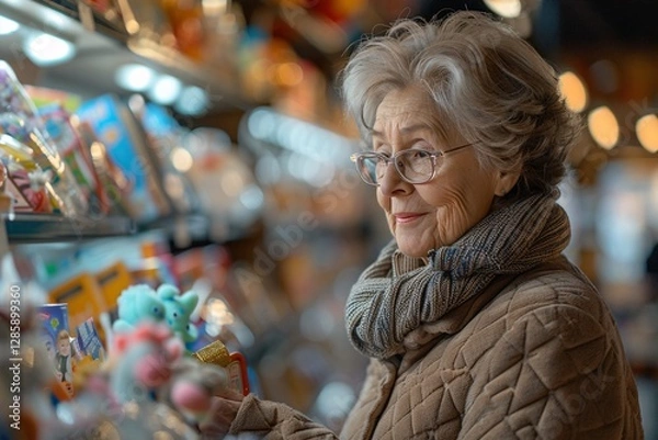 Fototapeta An elderly woman examines colorful toys on a shelf in a lively store. She wears a cozy scarf and smiles while selecting items, surrounded by bright displays and cheerful decorations