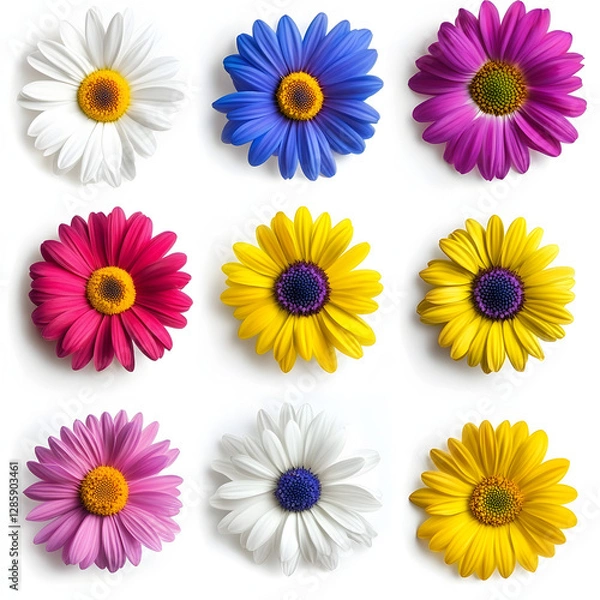 Fototapeta A set of colorful daisy flowers isolated on a white background