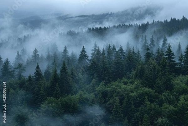 Fototapeta Misty mountain forest with dense evergreen trees shrouded in fog, creating a serene and mystical atmosphere.