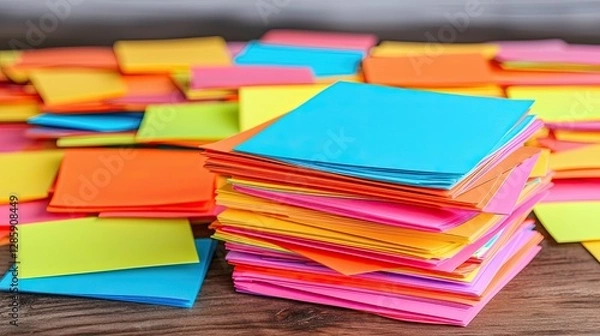 Fototapeta A vibrant collection of colorful sticky notes stacked on a wooden surface, showcasing various bright hues like blue, pink, yellow, and orange.