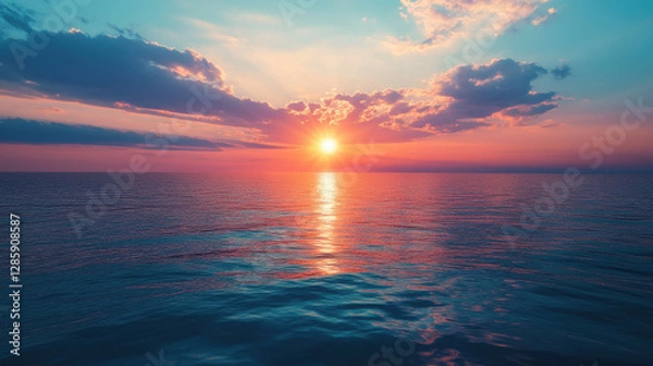 Fototapeta Serene Ocean Sunset with Vivid Colors Reflections and Calm Waters for Relaxation and Tranquility in the Sky