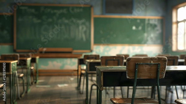 Fototapeta Empty classroom with wooden desks and chalkboard, sunlight streaming through windows (2)