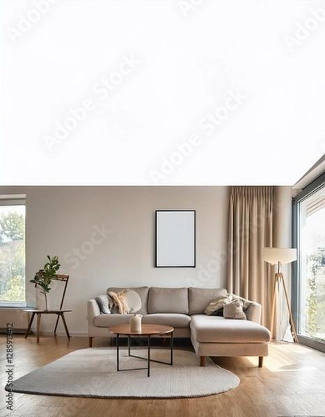 Fototapeta Light living room interior with sofa and table, window and mockup frame
