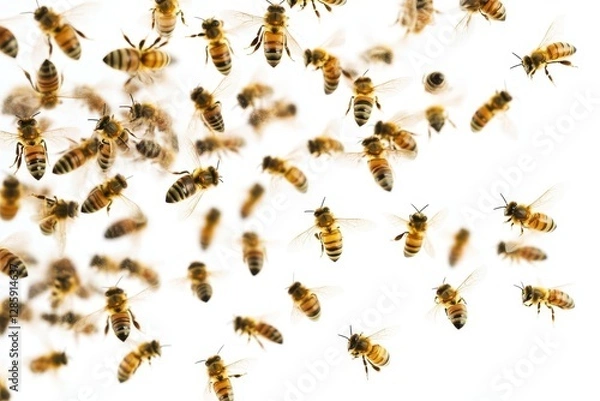 Fototapeta mesmerizing swarm formation of honey bees in flight intricate patterns against pure white detailed macro photography showing individual bees
