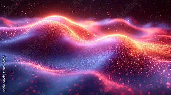 Fototapeta Futuristic abstract wave with sleek metallic textures and glowing neon hues of blue, purple, and cyan, creating a dynamic, high-tech aesthetic.