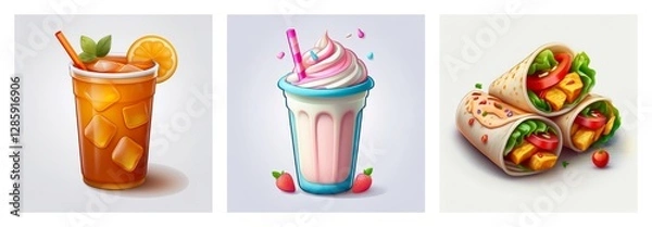 Fototapeta Image displays iced tea with orange and mint, a creamy milkshake with whipped topping, and stacked vegetable wraps. Variety of food and drink.