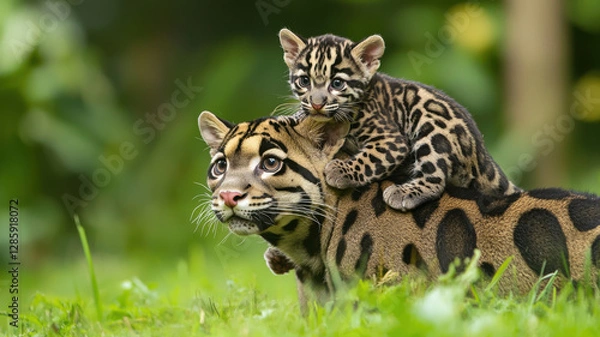 Fototapeta A playful baby clouded leopard climbs onto its father’s back, gripping his fluffy fur with tiny paws as he stands calmly in a sunlit field of green grass and swaying wildflowers.