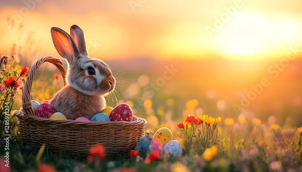 Fototapeta Adorable Easter Bunny in a Basket Filled with Colorful decorated Eggs in a vibrant field of flowers at Sunrise