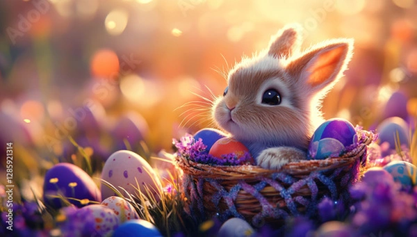 Fototapeta Adorable Baby Easter Bunny in a Nest Filled with Colorful Easter Eggs