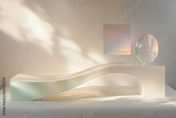 Obraz minimalist curved podium in matte white with subtle gradient shadows complemented by floating geometric forms in soft pastels against infinite space
