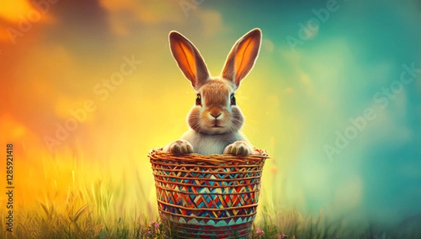 Fototapeta A charming digital illustration of a small Easter bunny nestled in a vibrant, multicolored woven basket