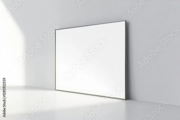 Fototapeta minimalist floating display screen in pure white room with subtle ambient shadows perfect for digital art showcase