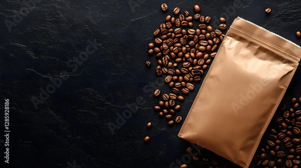 Obraz A brown coffee bag mockup on a black background with scattered raw
