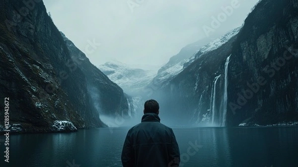 Fototapeta A movie shot of a man standing in front of a fjord, with waterfalls, mist shrouded, a dark atmosphere, and snow covered mountains on both sides.