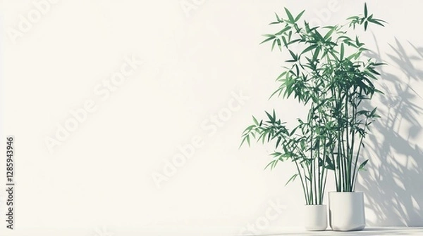 Fototapeta Minimalist office scene featuring a potted plant in the center against a bamboo and white background, elegant and serene illustration, perfect for modern workspace decor and interior design concepts.