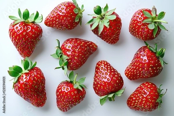 Fototapeta Ten ripe strawberries arranged on a white background, showcasing their vibrant red color and fresh green leaves.