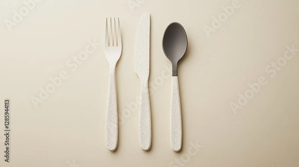 Fototapeta Grey white eco-friendly plant fiber tableware made of rice husk material, with a light beige background, simulating natural paper texture, used for environmental slogans.