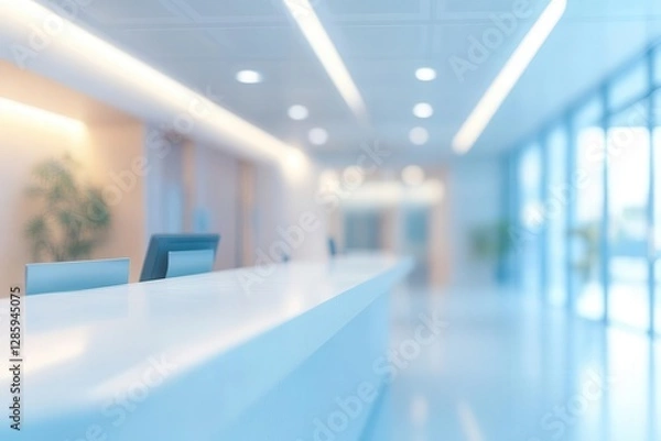 Fototapeta modern hospital reception area with abstract blur cool minimalist design soft ambient lighting clean lines professional atmosphere