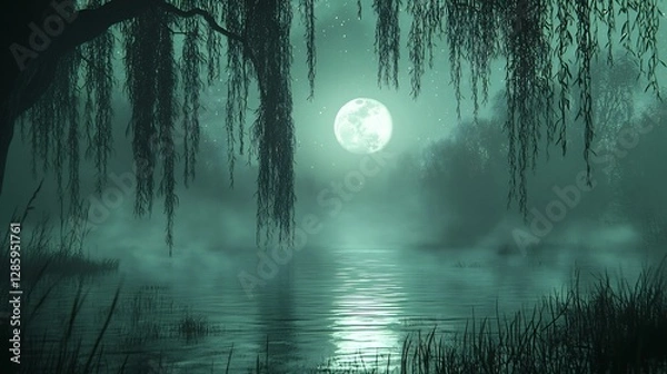 Fototapeta Mysterious moonlit swamp serene night scene. AI Generated