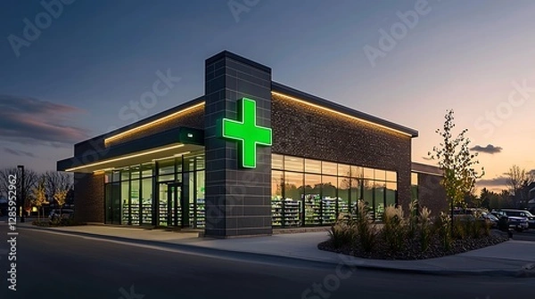 Fototapeta Modern pharmacy exterior illuminated by a glowing green cross sign at dusk, offering a clean and inviting appearance.