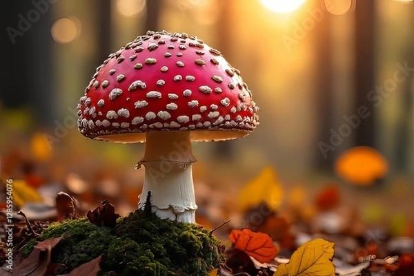 Fototapeta Stunning Red Mushroom with White Spots in Autumn Forest