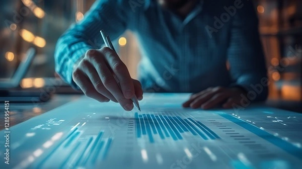 Fototapeta A focused professional meticulously analyzing data charts under cool blue light, revealing insights in a late-night work session.