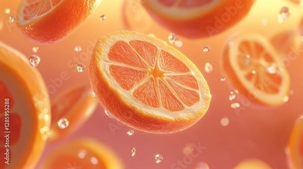 Fototapeta Juicy orange slices dancing in splash of refreshing sunlight, creating a vibrant and lively atmosphere. Generative AI