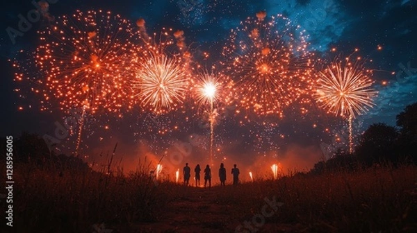Fototapeta A group of silhouetted figures enjoy an impressive fireworks display, with vibrant bursts lighting the evening sky and reflecting a joyful celebration.