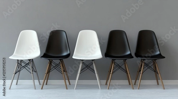 Fototapeta Unique white chair in a black chair lineup, grey textured background, 3D render, business concept