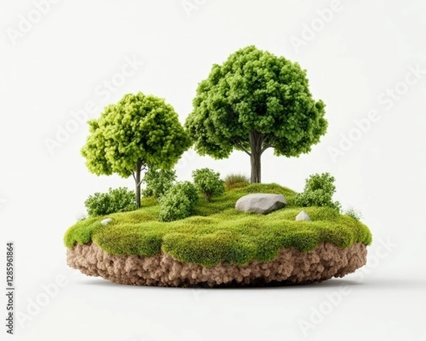 Fototapeta Miniature floating island with sculpted green trees and lush vegetation isolated on white background representing conceptual nature ecosystem balance and artistic environmental vision