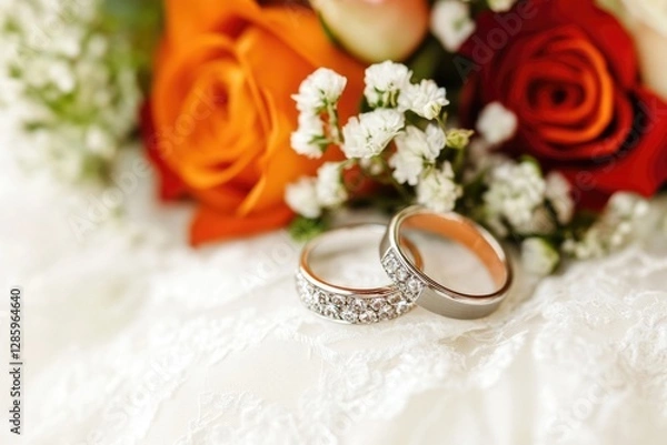 Fototapeta A pair of wedding rings sits beside a bouquet of fresh flowers, perfect for romantic occasions or as a symbol of love