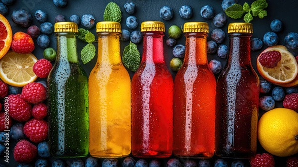 Fototapeta Bottles with different colors of juice and smoothie on the background of fruits. Advertising photos. Top view.