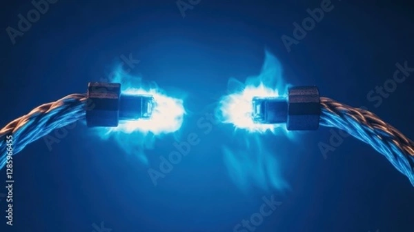 Fototapeta Two cables meet each other with electricity flowing between them, cinematic on a blue background, dramatic and revealing the beauty of electricity.