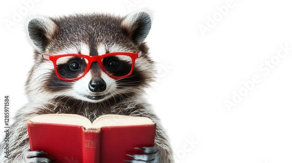 Obraz Raccoon wearing glasses reads a book, showcasing a whimsical and playful scene in a bright setting